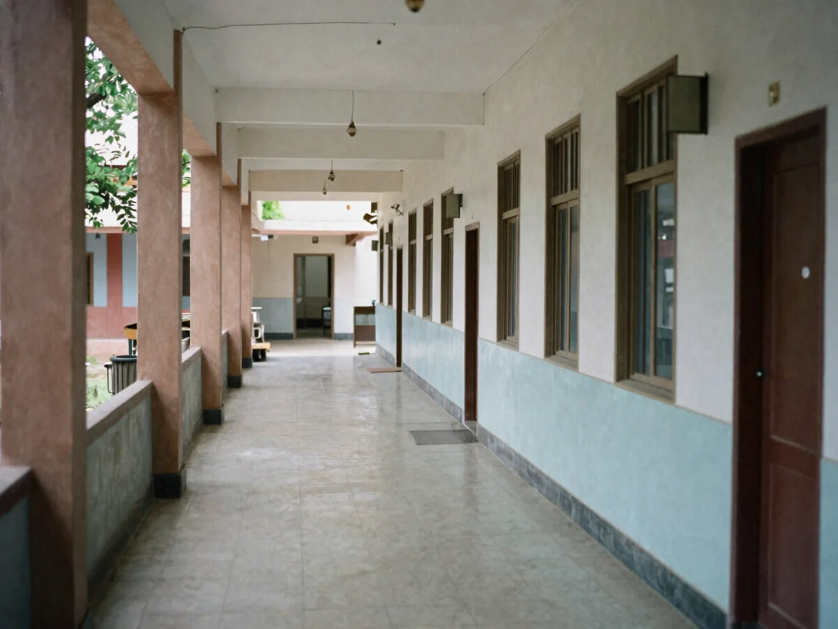 Relaxed environmental wide of a familiar local clinic corridor in