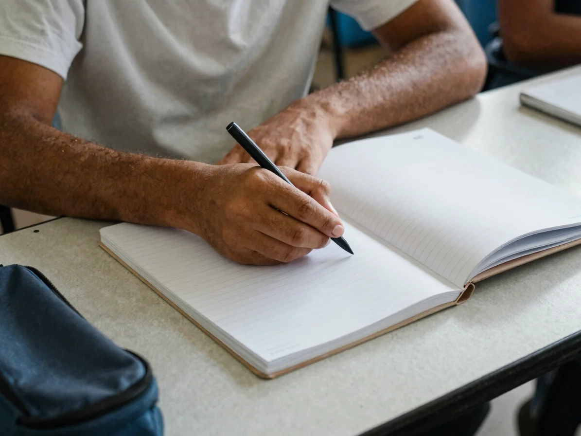 Ordinary working setting: a school notebook and pencil case on a
