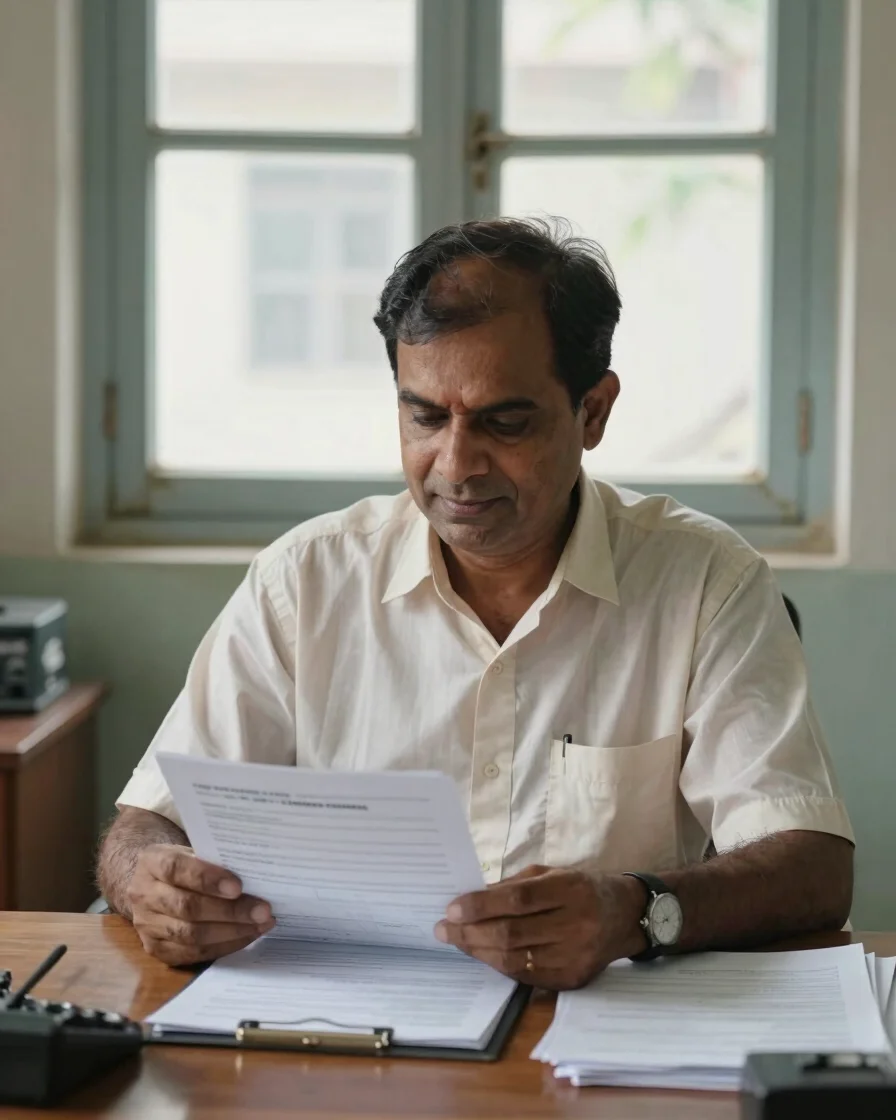 Natural editorial portrait of a middle-aged Indian insurance advisor seated at a wooden desk in a modest office in Islam