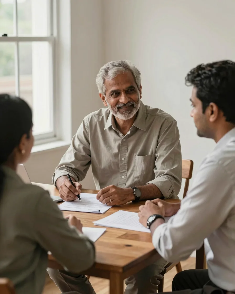 Natural editorial photograph of an Indian life insurance advisor