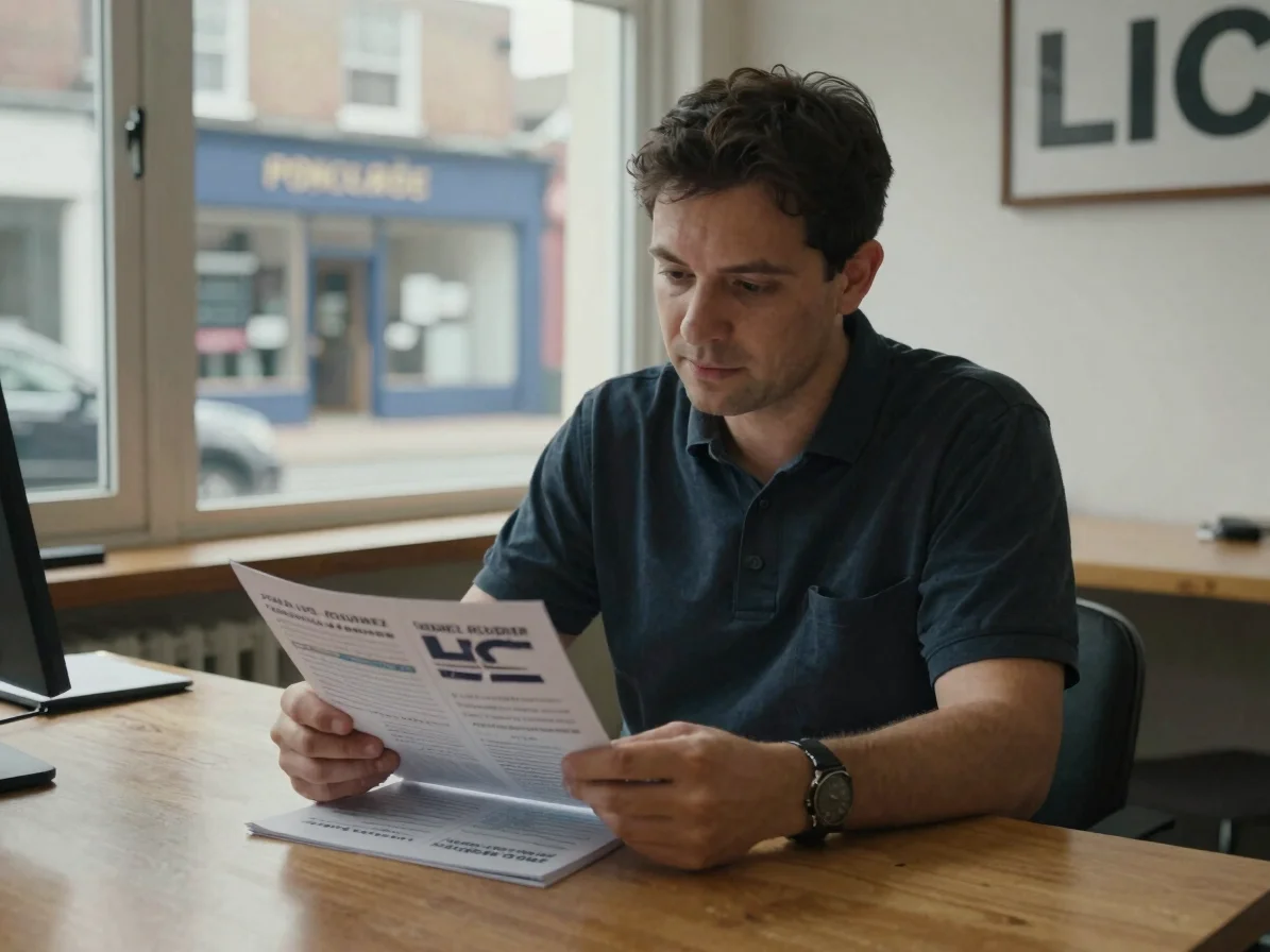Natural editorial portrait of a local LIC advisor reviewing a pri
