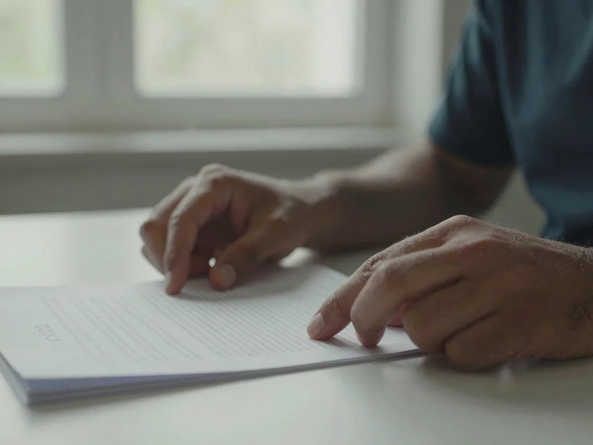 Close detail of hands turning the pages of a policy document on a